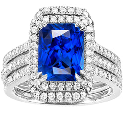 Halo Natural Earth Mined Diamond Sapphire Engagement Wedding Ring Set With Jacket 5 Carats