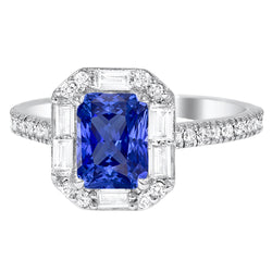 Round & Baguette Diamond Halo Ring 3.50 Carats Radiant Shaped Sapphire