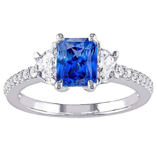 New Stylish 3 Stone Half Moon Diamond Blue Sapphire Ring With Accents 