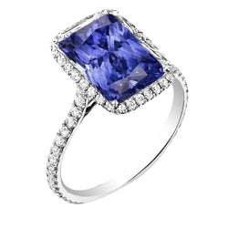 White Gold Natural Earth Mined Diamond Ring Women's Halo Radiant Cut Sapphire 4 Carats