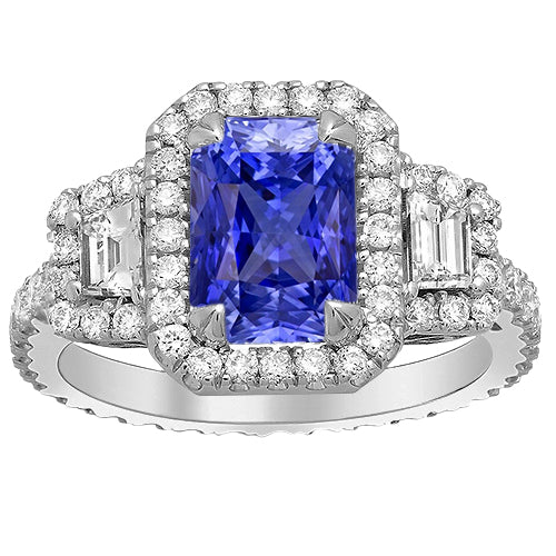 Ladies New weeding Trapezoid & Round Diamond Halo Ring Gold Ceylon Sapphire  