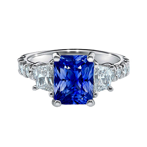 Woman's  Weeding Anniversary      Radiant Gemstone Sapphire Ring Trapezoid & Round Diamonds  