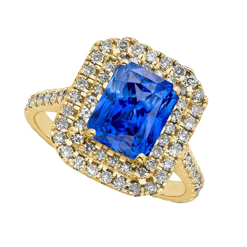 Double Halo Diamond Ceylon Sapphire Ring Princess Cut  Elegant Woman's    Women Yellow Gold