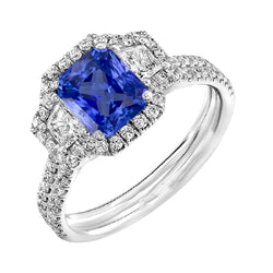 Round & Trapezoid Diamond Halo Sapphire Engagement Ring 4 Carats