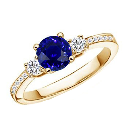 Best Amazing Stylish Diamond Gemstone Ring Blue Sapphire  3 Stone Style Yellow Gold