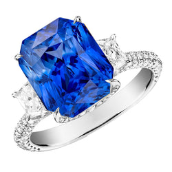 Radiant Natural Earth Mined Diamond Ceylon Sapphire Ring 7.50 Carats 3 Stone Prong Style