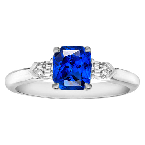 Gemstone Jewelry Radiant Sapphire & Baguette Diamond Ring  Sparkling Unique Lady’s  