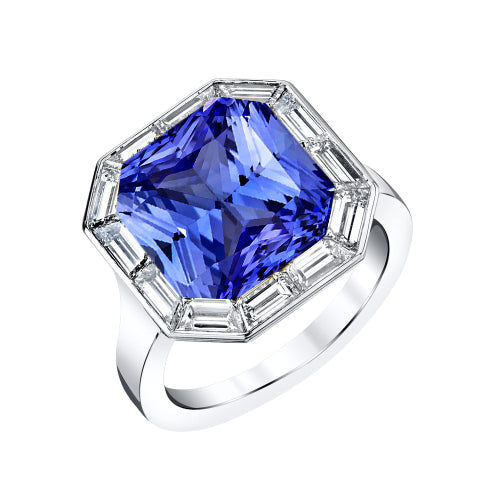 Baguette Diamond Halo Radiant Blue Sapphire Ring  New High Quality Wedding   Gold