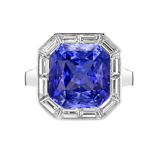 Halo Radiant Blue Sapphire Ring & Baguette Diamonds  New High Quality Wedding   