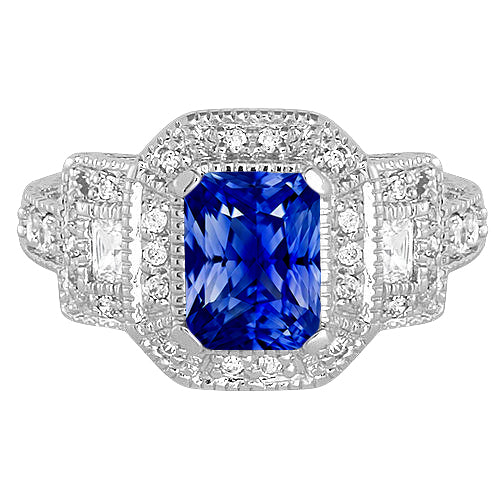 Radiant Halo Ring Antique Style Blue Sapphire & Diamonds  Ladies Brilliant Sparkling  
