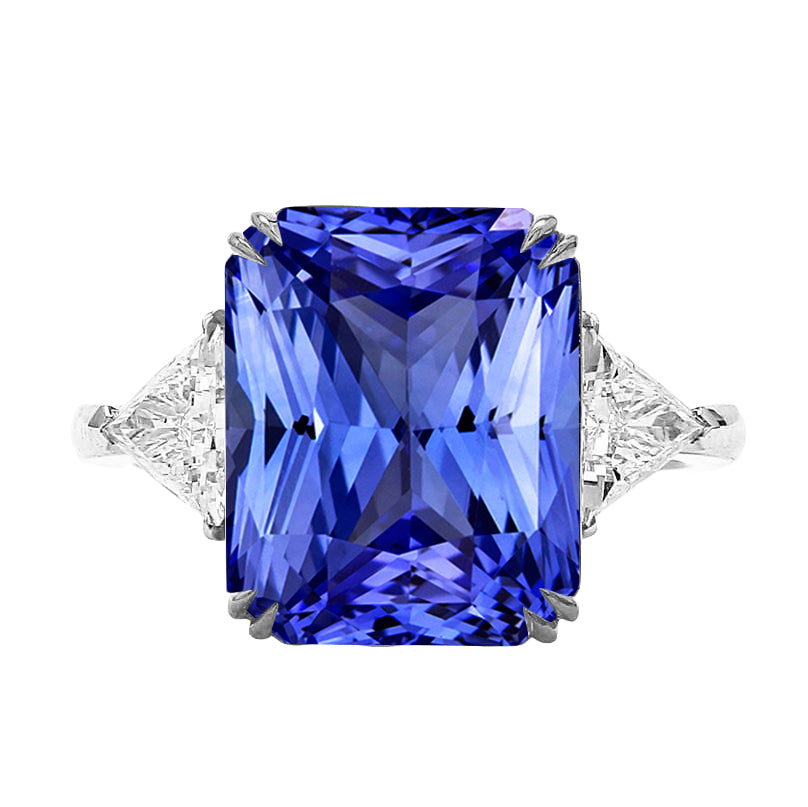 Ladies Brilliant Sparkling  Three Stone Radiant Sapphire & Trillion Diamond Ring  