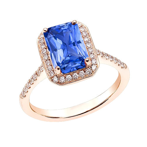 Halo Ring Radiant Blue Sapphire & Diamonds Rose Gold  Ladies Brilliant Sparkling  