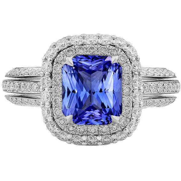 Double Halo Engagement Ring Radiant Sapphire Half bazel fancy Engagement   Diamonds