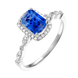 4 Carats Halo Radiant Ceylon Sapphire Ring & Diamond Ladies Jewelry