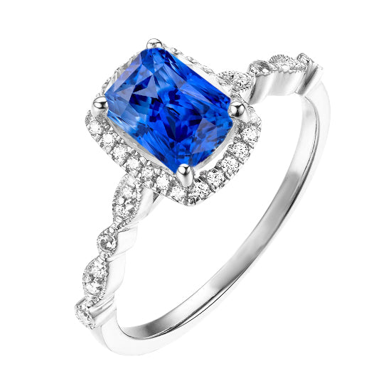 New High Quality Wedding   Halo Radiant Ceylon Sapphire Ring & Diamond Ladies Jewelry