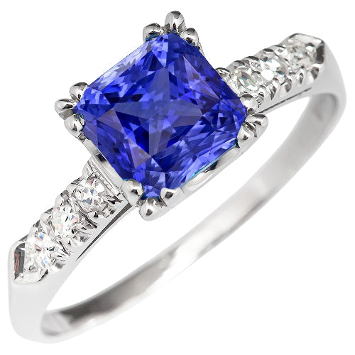 Gemstone Ring Radiant Blue Sapphire Prong Set Diamonds  New High Quality Wedding   