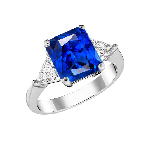 3 Stone Ring Radiant Sapphire & Trillion Diamonds Jewelry  New High Quality Wedding   