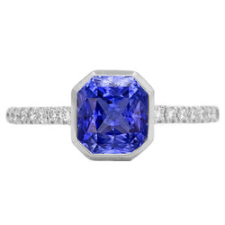 Round Natural Earth Mined Diamond Ceylon Sapphire Ring Bezel Set 4 Carats Pave Set Accents