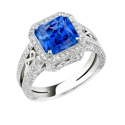 Vintage Style Halo Sapphire Ring Srilanka Milgrain 3 Carat Split Shank