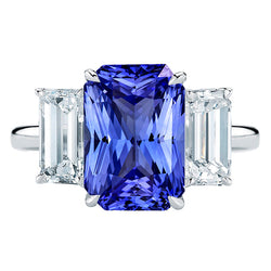 3 Stone Blue Sapphire Ring Emerald Cut Diamonds Prong Set 5.50 Carats
