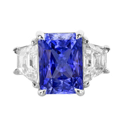 3 Stone Ring Trapezoid Natural Earth Mined Diamond & Ceylon Sapphire 3.50 Carats Prong Set