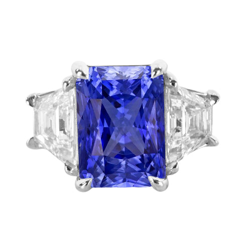 3 Stone Ring Trapezoid Diamond & Ceylon Sapphire True classic fancy   Prong Set