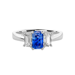 Gold 3 Stone Radiant Natural Earth Mined Diamond Sapphire Ring 1.50 Carats Tapered Shank