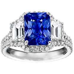 Halo Sapphire Gemstone Ring 6 Carats Emerald & Round Natural Earth Mined Diamonds Pave Set