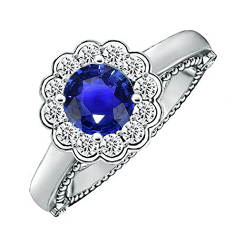 New FAncy Stylish Antique Style Diamond Ring Halo Flower Style Blue Sapphire