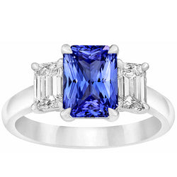 Three Stone Emerald Natural Earth Mined Diamond & Ceylon Sapphire Ring 3 Carats Prong Set
