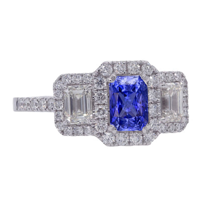 Halo Diamond Ring Deep Blue Sapphire Emerald & Round Accents   Ladies New weeding 