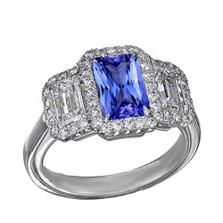 Halo Engagement Blue Sapphire Ring 4.50 Carats Emerald & Round Diamond