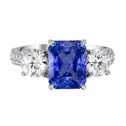 Round Natural Earth Mined Diamond 3 Stone Ring Ceylon Sapphire 3.50 Carats Milgrain Gold