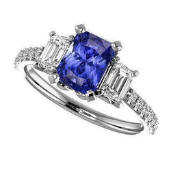 Gold Emerald Natural Earth Mined Diamond Blue Sapphire Ring With Round Accents 3.50 Carats