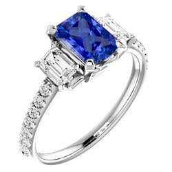 Emerald Natural Earth Mined Diamond Radiant Blue Sapphire Ring 3 Carats White Gold 14K