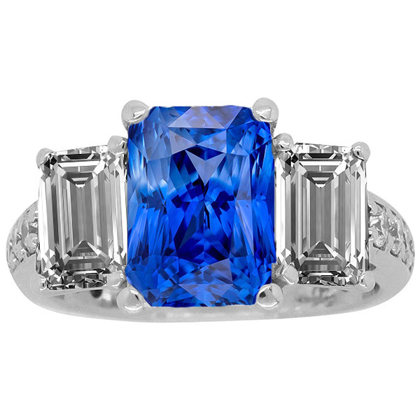 Gemstone Radiant Sapphire Ring Lady’s  Round Anniversary  Emerald & Round Diamonds