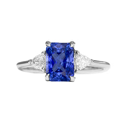 Women’s 3 Stone Radiant Sapphire Ring & Trillion Natural Earth Mined Diamonds 2.25 Carats