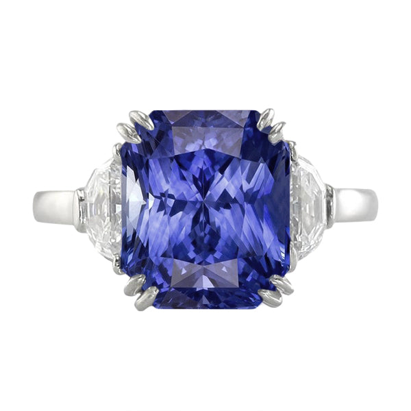 3 Stone Ring Double Prong Radiant Sapphire Amazing Stylish womans  Half Moon Diamonds