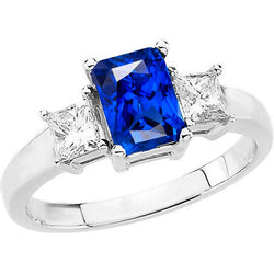 Radiant 3 Stone Blue Sapphire Ring & Princess Natural Earth Mined Diamonds 3 Carats