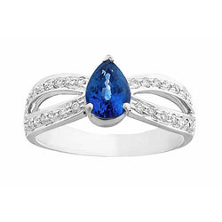 Solitaire Ring Pear Blue Sapphire With Diamond Accents 3.50 Carats
