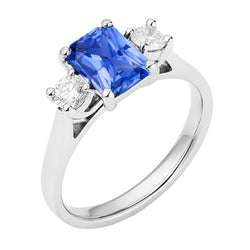 Round Natural Earth Mined Diamond 3 Stone Radiant Ceylon Sapphire Ring 2.50 Carats