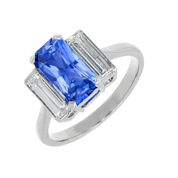 Three Stone Radiant Lady’s  Round Anniversary  Sapphire & Baguette Diamond Ring  Gold
