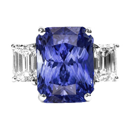 Ladies Radiant 3 Stone Blue Sapphire Ring 7 Carats Emerald Diamonds