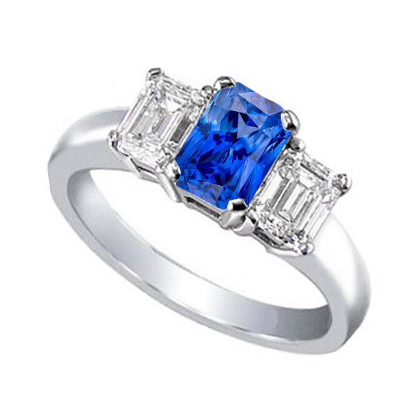 Ceylon Sapphire 3 Stone Ring Radiant & Emerald Diamonds  Lady’s  Round Anniversary 