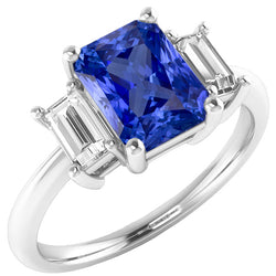 Ladies Diamond Ring Ceylon Sapphire 4 Carat Prong Basket Set Baguettes