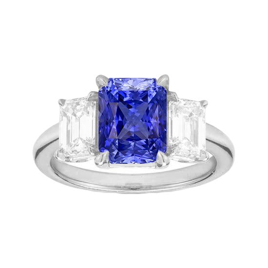 Radiant Gemstone Ring  Half bazel fancy Engagement   Ceylon Sapphire & Emerald Diamonds Gold
