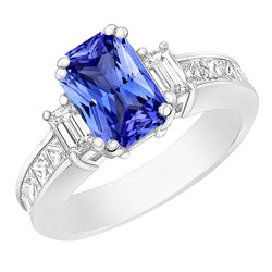 Emerald Natural Earth Mined Diamond & Sapphire Ring 3 Stone Style 4.50 Carats Channel Set