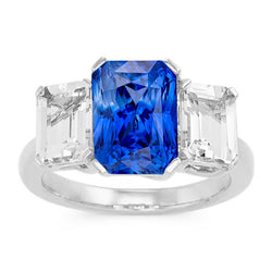Radiant Natural Earth Mined Diamond Jewelry 3 Carats Three Stone Blue Sapphire Ring
