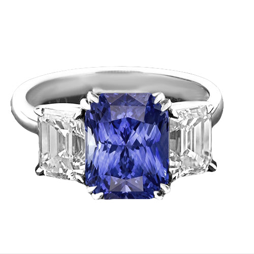  Half bazel fancy Engagement  Three Stone Emerald Diamond & Radiant Shape Sapphire Ring