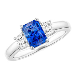 Trapezoid Natural Earth Mined Diamond Blue Sapphire Ring Radiant Cut 3 Carats Three Stone